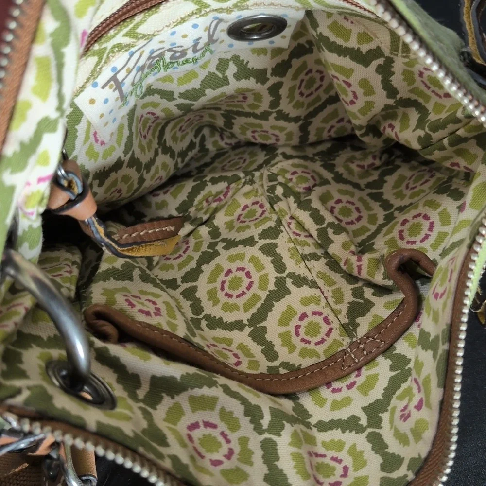 Fossil Green Cavas Crossbody Bag Key Accent Name Tag Adjustable Strap Pockets